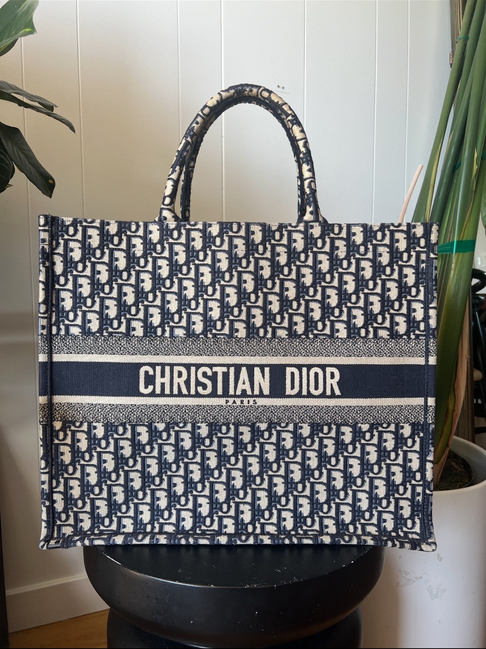 Dior Cream & Navy Oblique Canvas Tote with Christian Dior Stripe